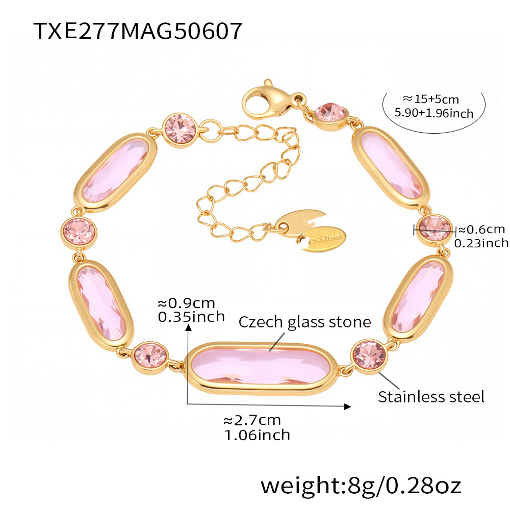 Txe277-gold pink glass stone bracelet 15+5cm