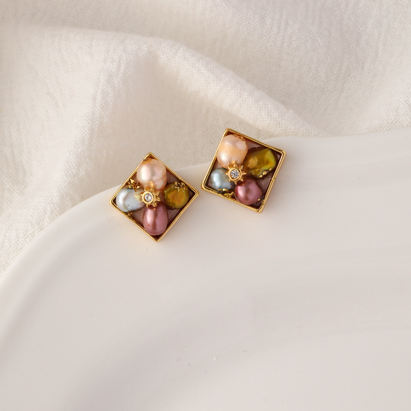 [s925 silver needle + copper plated 18k real gold + freshwater pearl]: nl08515e