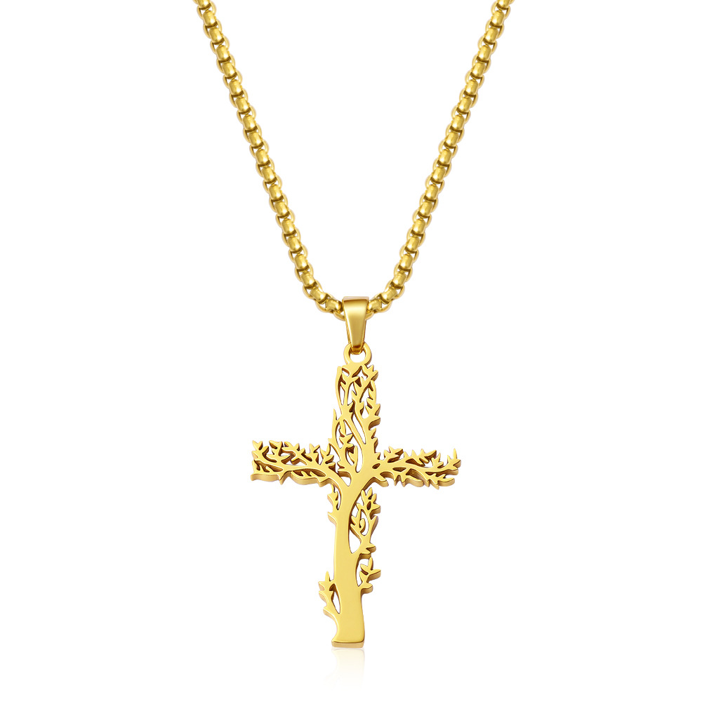 Polished full light tree of life cross gold
