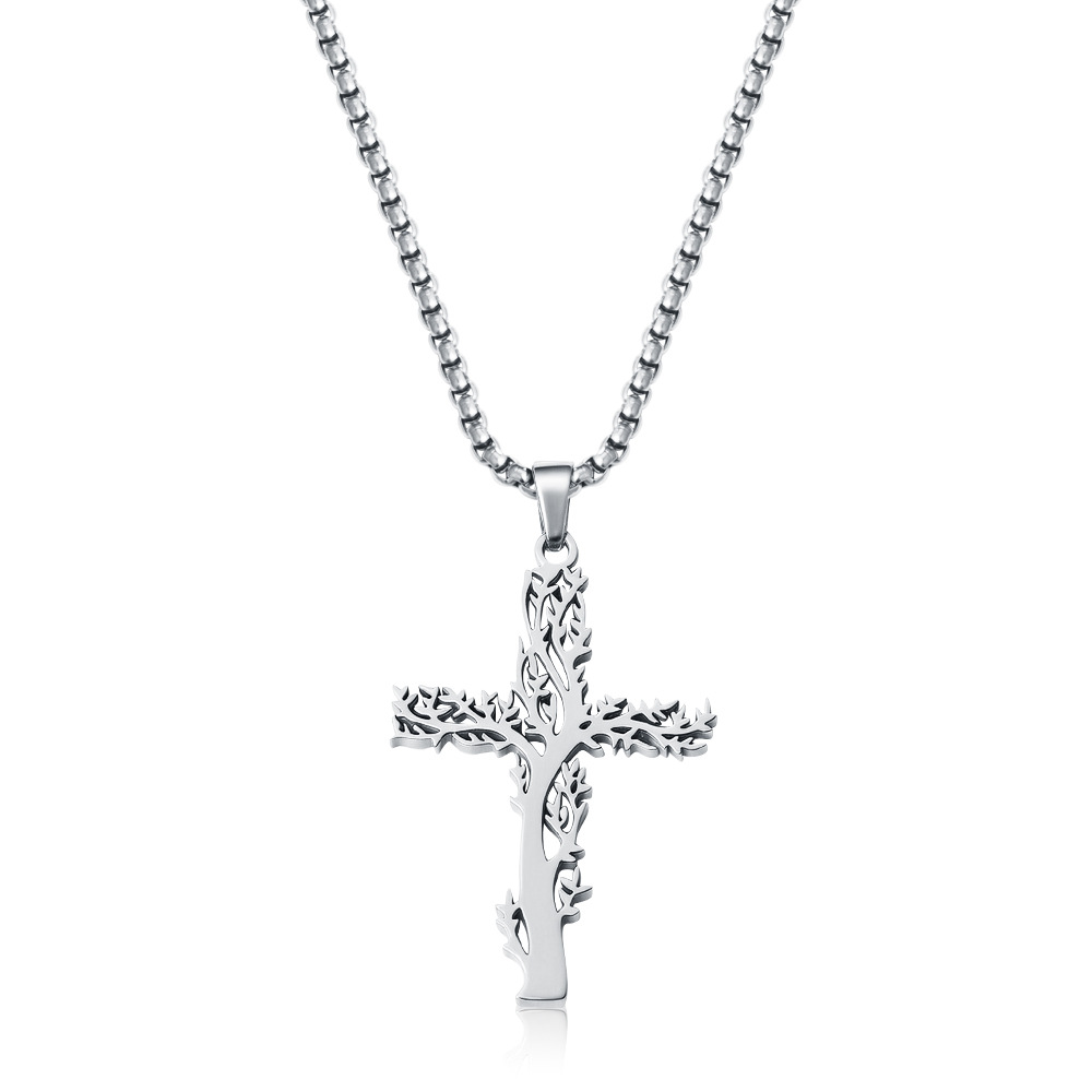 Polished full gloss tree of life cross steel color