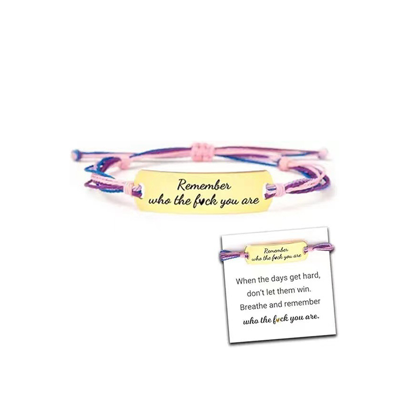 Pink blue purple rope bracelet gold curved card lettering