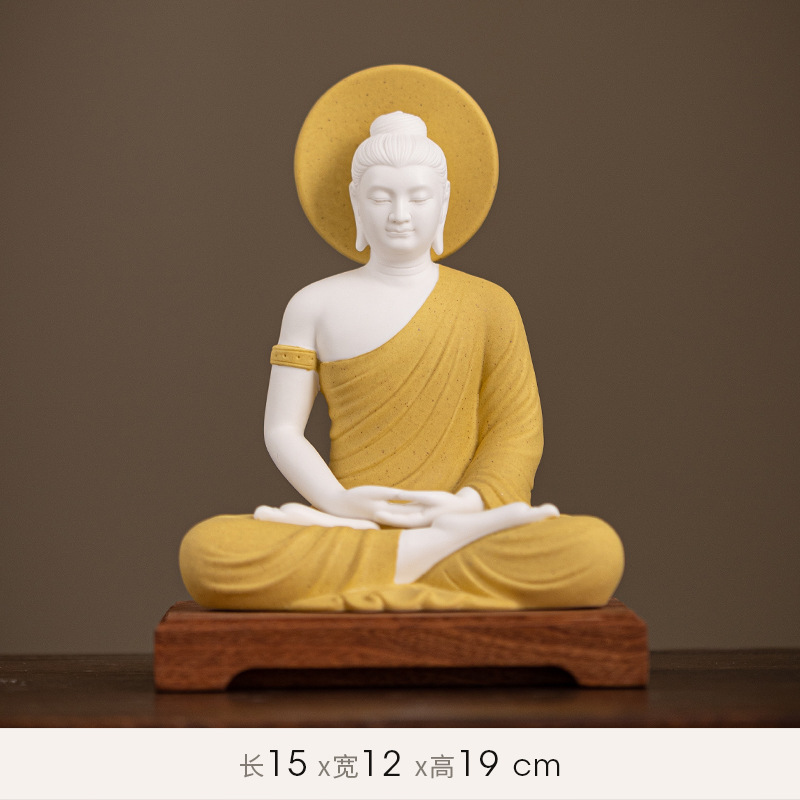 Sakyamuni [fudaguang] white porcelain yellow + wooden base 15/12
