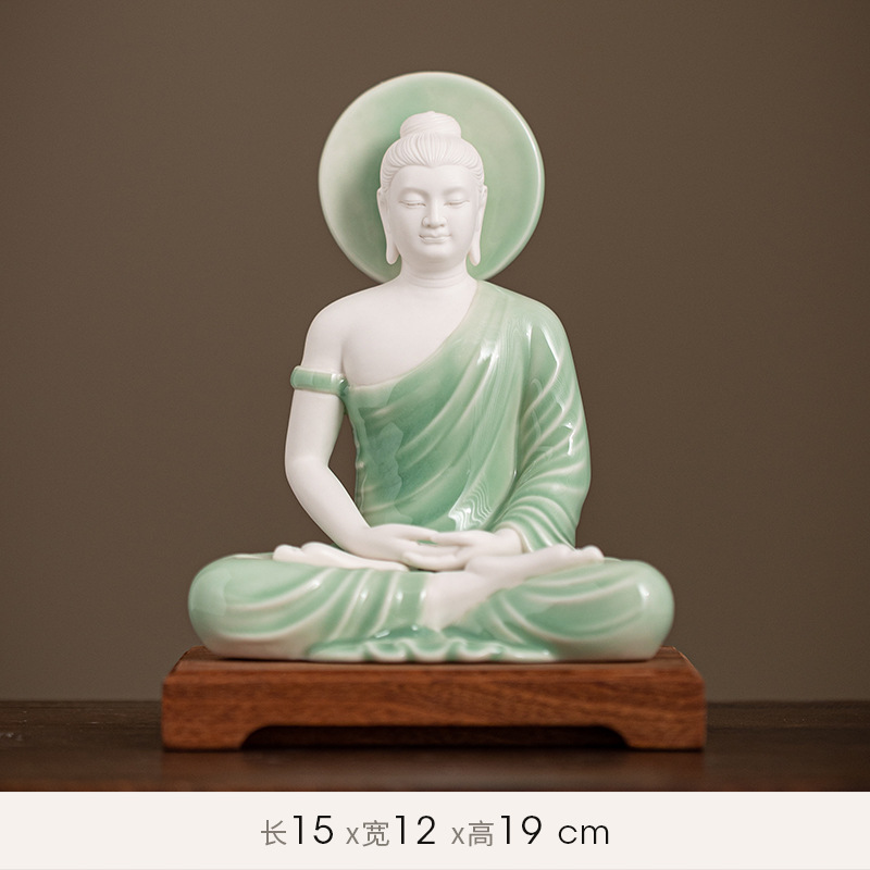 Sakyamuni [budaguang] white porcelain green + wooden base 15/12
