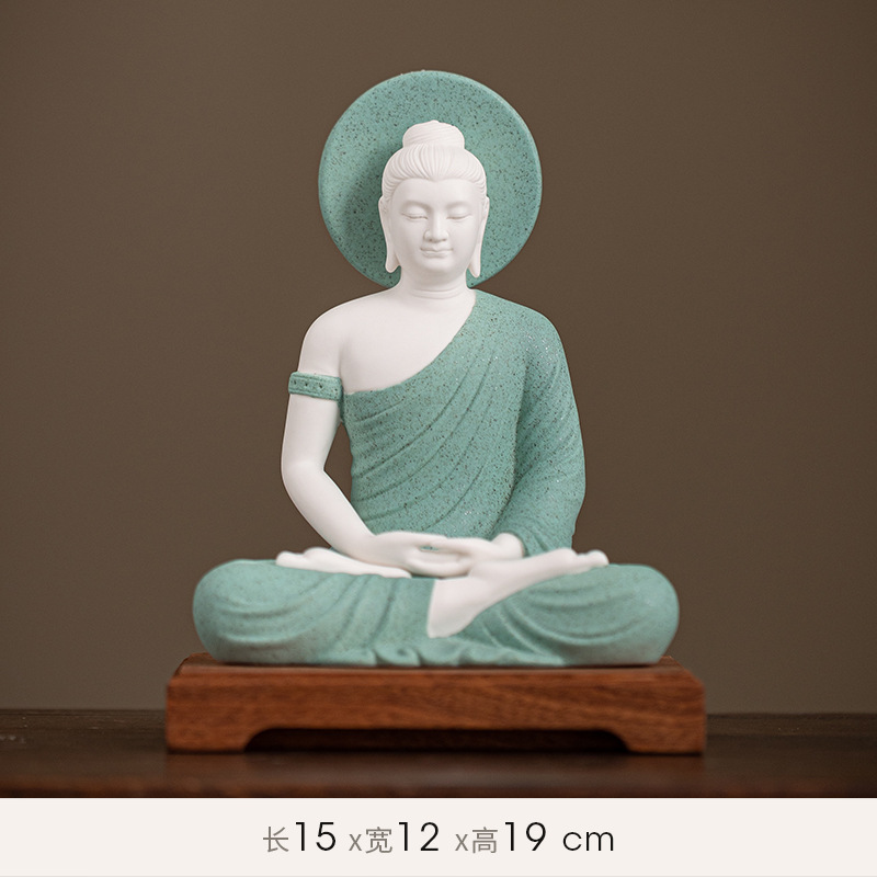Sakyamuni [budaguang] white porcelain green + wooden base 15/12