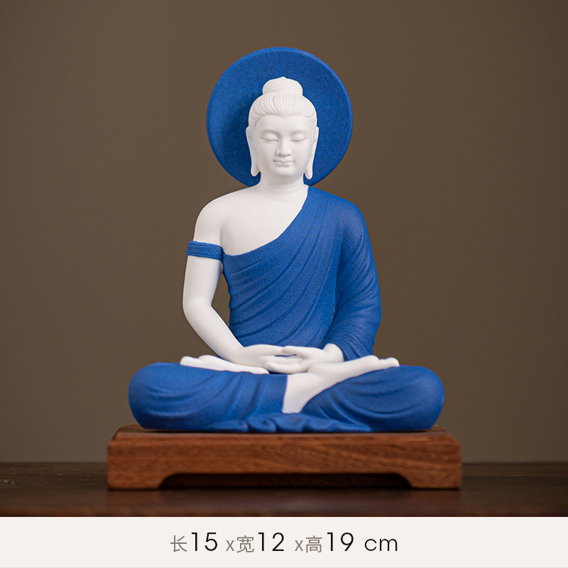 Sakyamuni [budaguang] white porcelain blue + wooden base 15/12