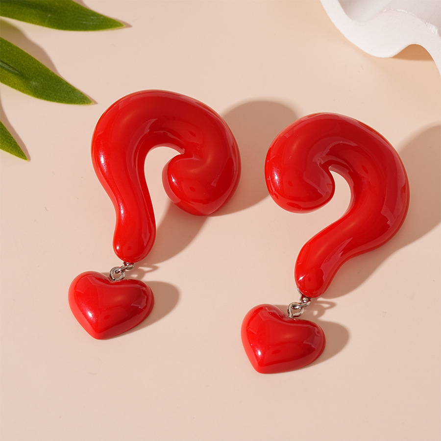 Silver needle-red question mark love earrings