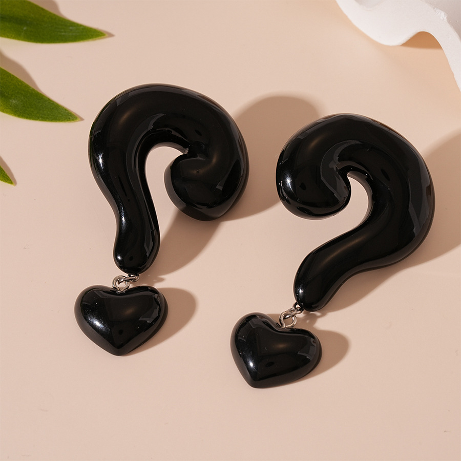 Silver needle-black question mark love earrings