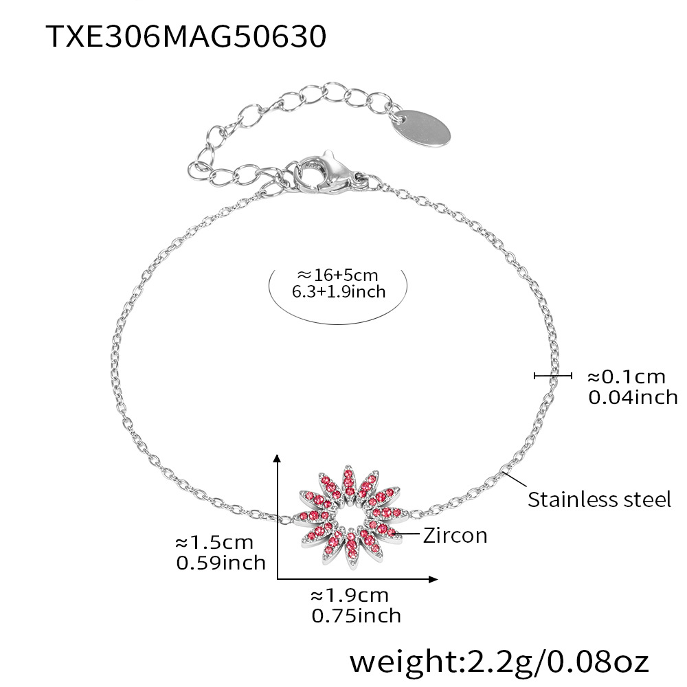 Txe306-rose red 5a zircon sunflower steel bracelet 15 5cm