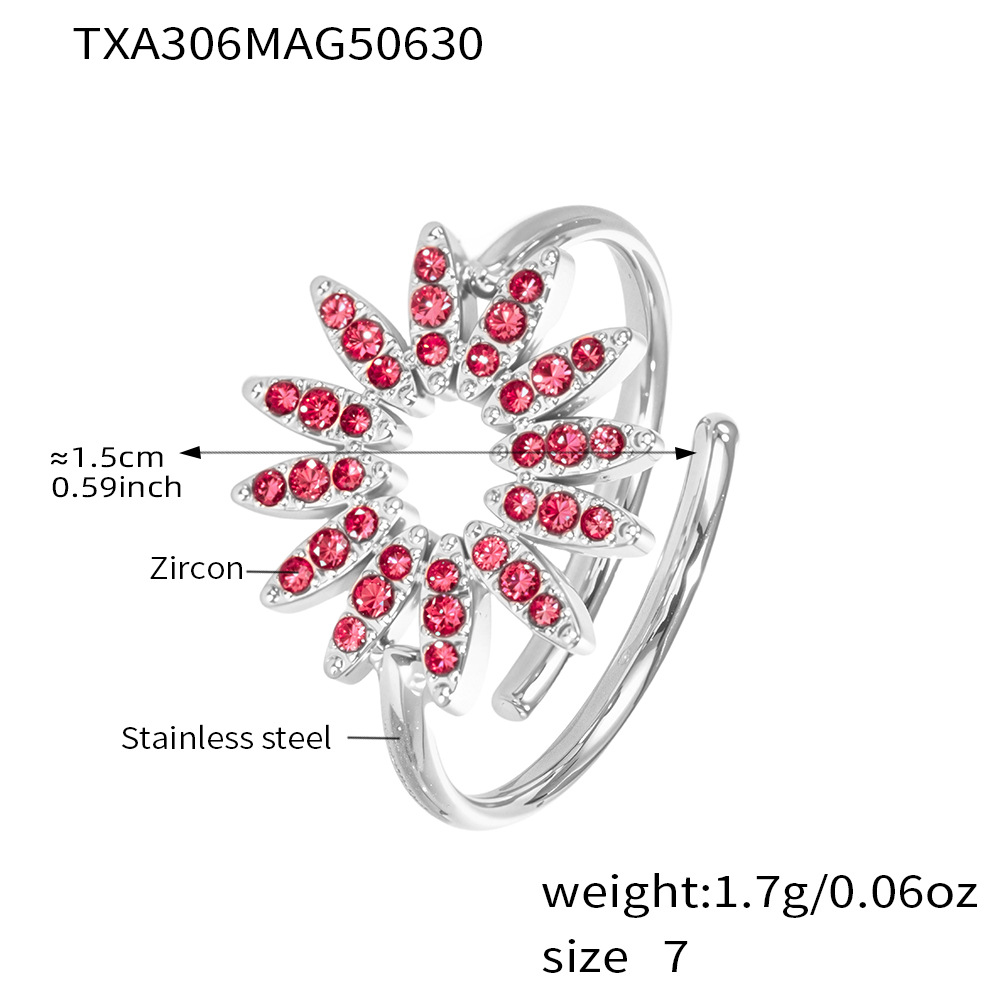 Txa306-rose red 5a zircon sunflower steel color ring-no. 7
