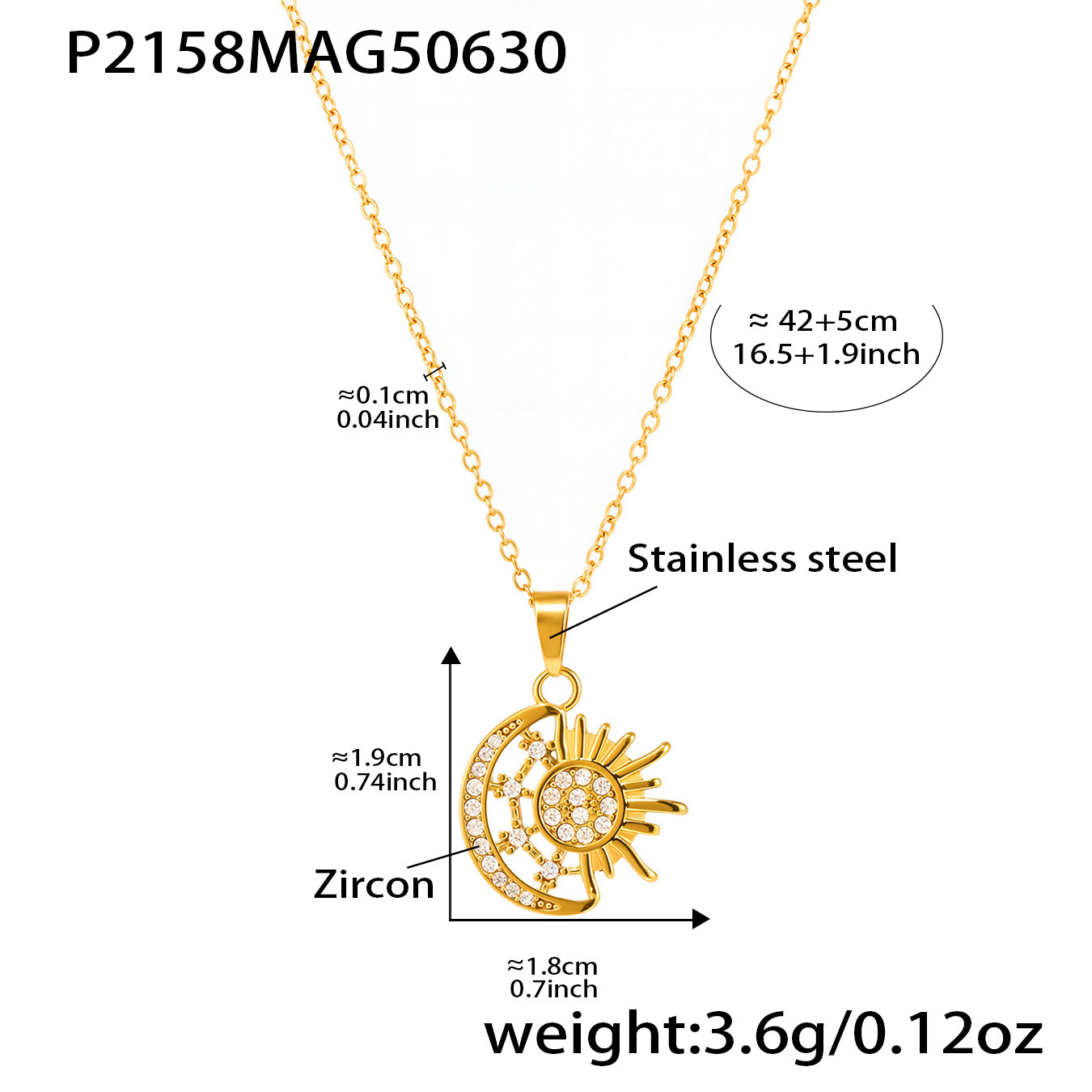 P2158-golden sun and moon zircon necklace-40 5cm