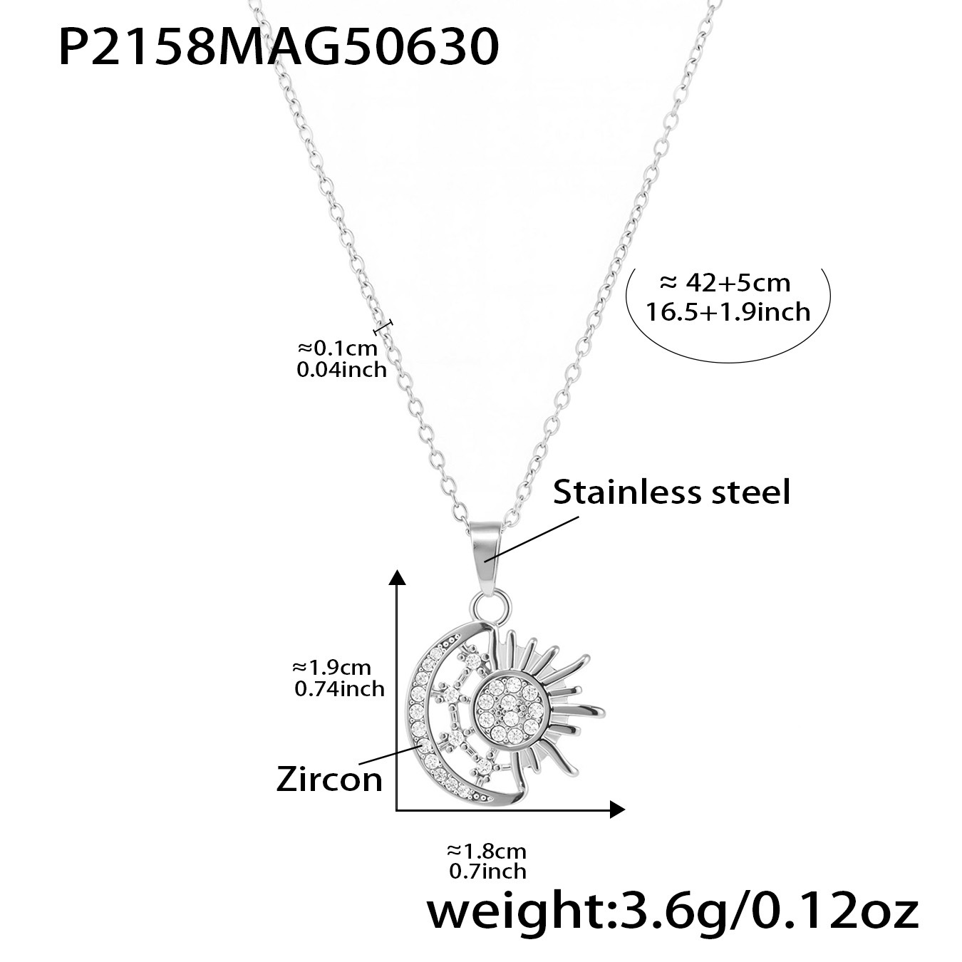 P2158-steel color sun and moon zircon necklace 40 5cm