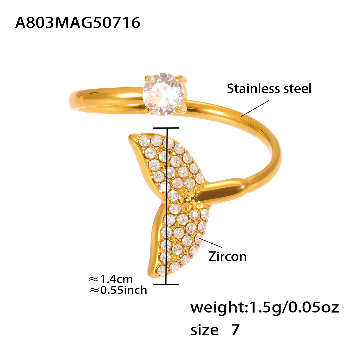 A803-golden 5a zircon fish tail ring-no. 7