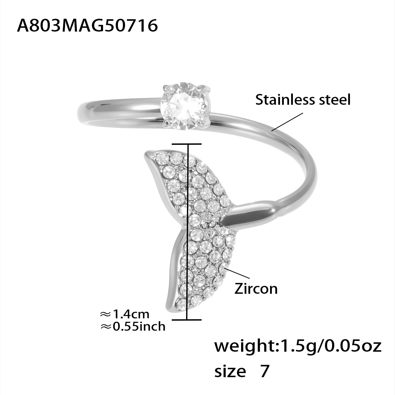 A803-steel color 5a zircon fish tail ring-no. 7