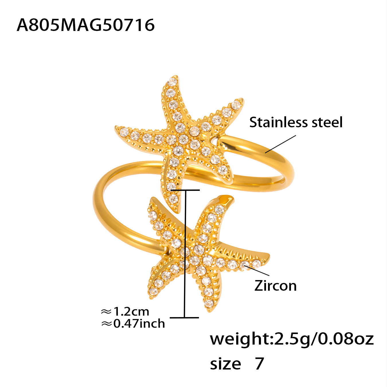 A805-gold 5a zircon double starfish ring-no. 7