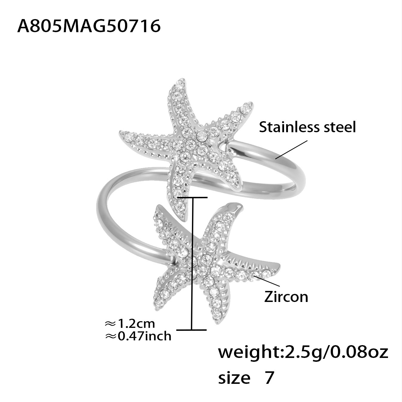 A805-steel color 5a zircon double starfish ring-no. 7