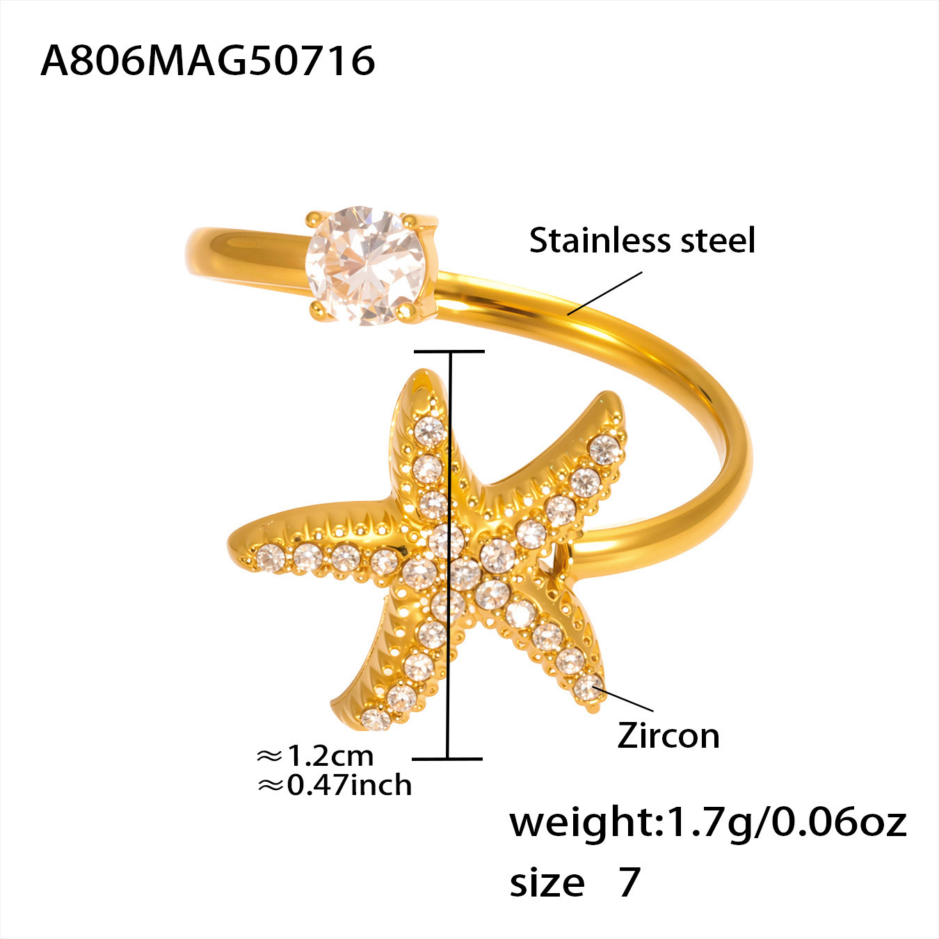 A806-golden 5a zircon starfish ring-no. 7