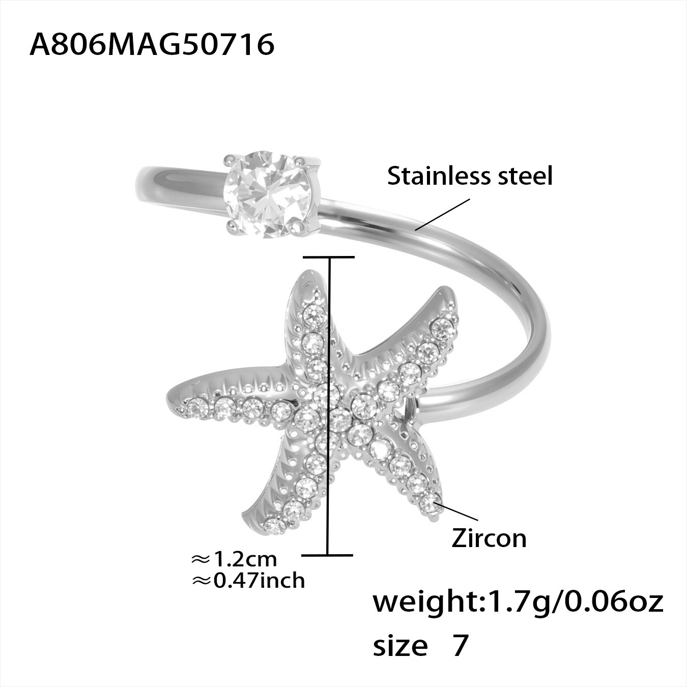 A806-steel color 5a zircon starfish ring-no. 7