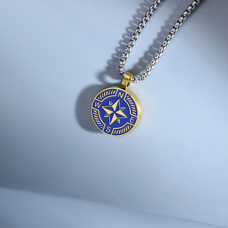 Blue gold pendant steel color necklace 60cm