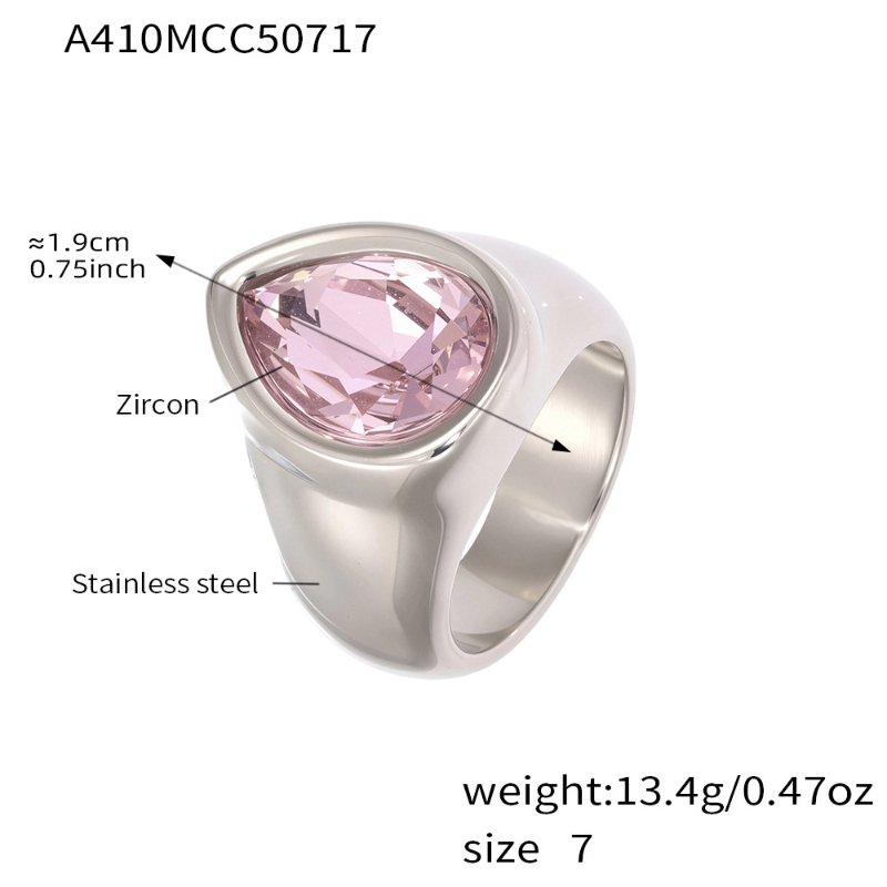 A410-steel color pink zircon water drop ring
