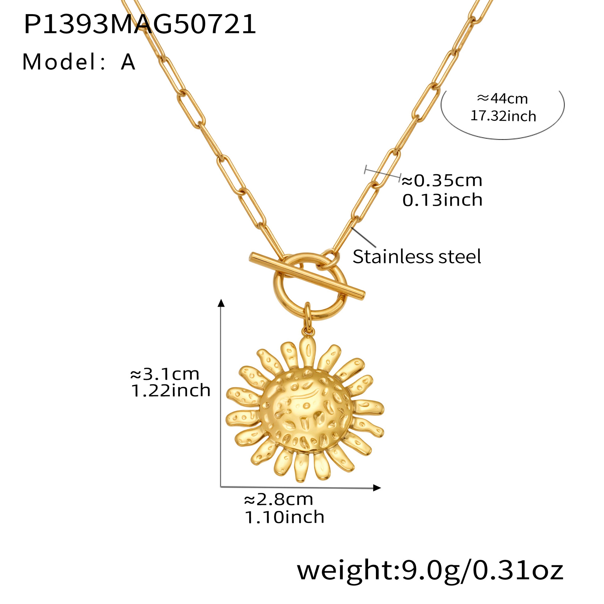 P1393-a gold ot buckle sun necklace 44cm