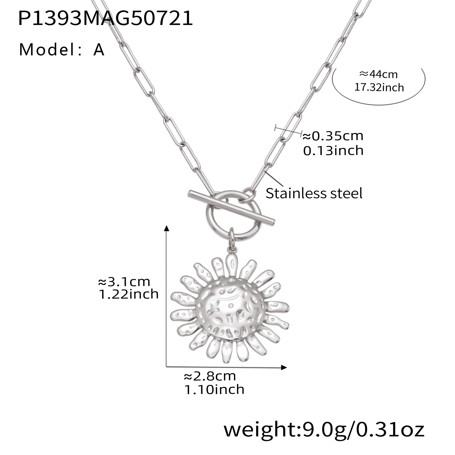P1393-a steel color ot buckle sun necklace 44cm