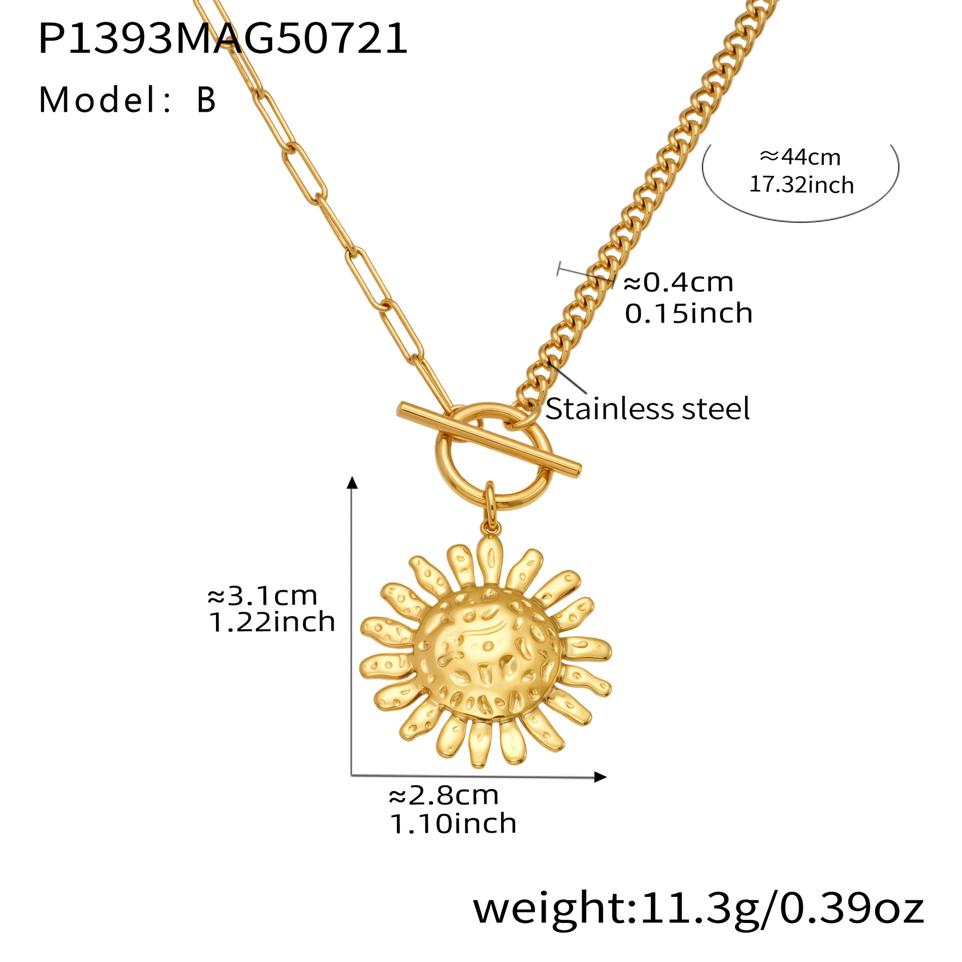 P1393-b gold ot buckle sun necklace 44cm