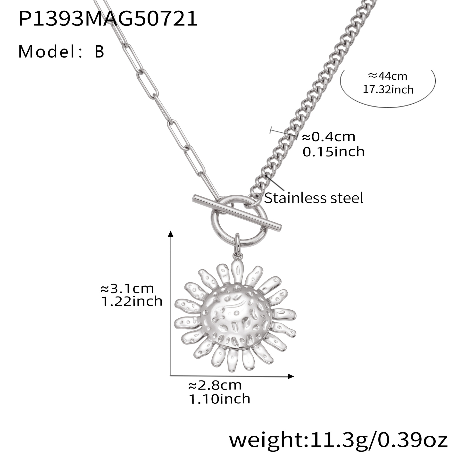 P1393-b steel color ot buckle sun necklace 44cm