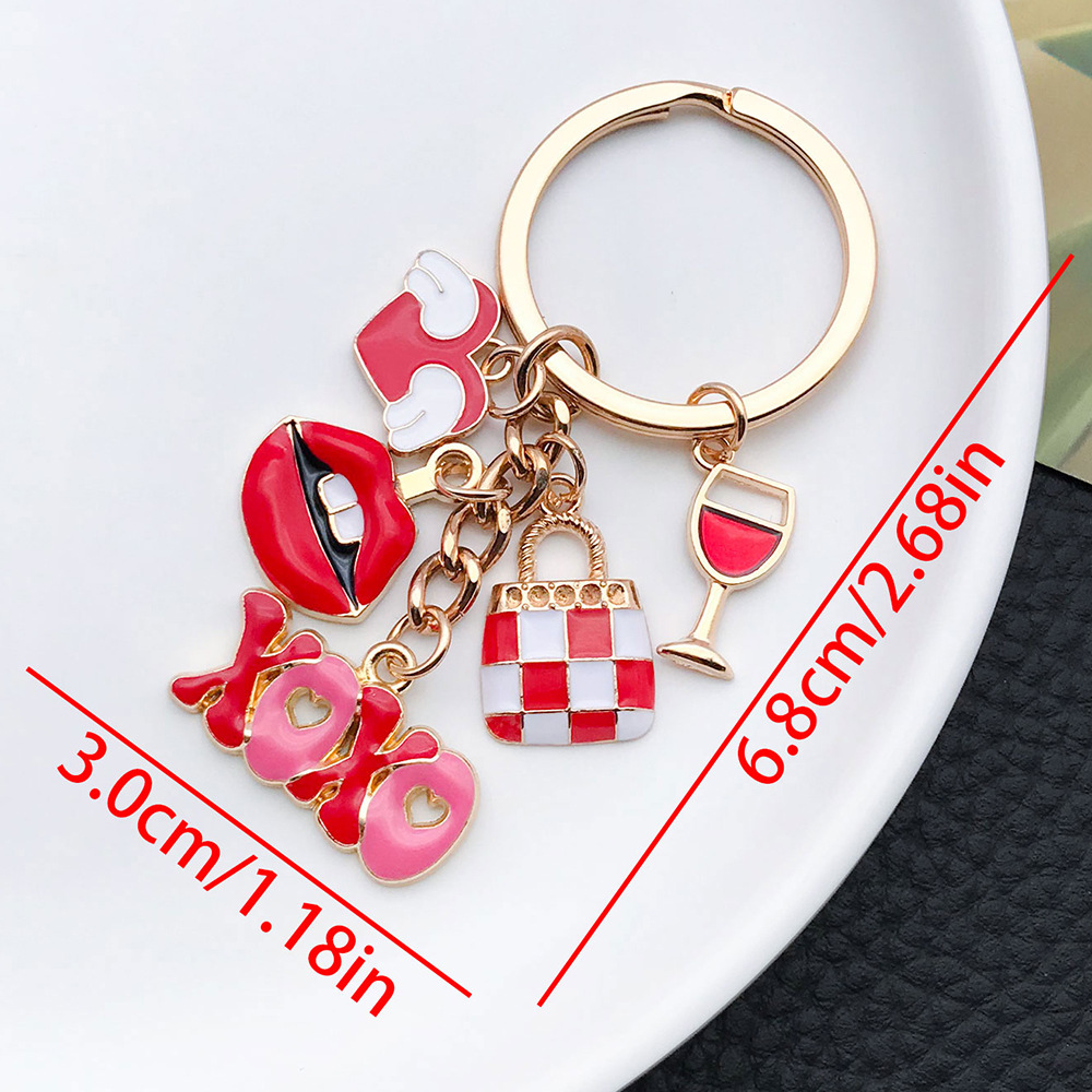 ER880-Drop Oil Red Valentine s Day Wings Love XOXO Red Lip Keychain -12.7g