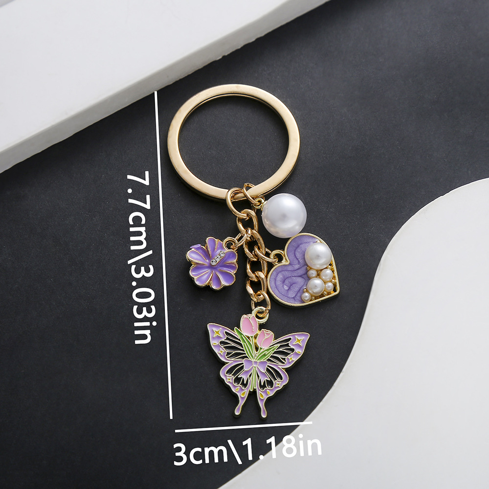 ER722-Dropping Oil Purple Love Flower Butterfly Keychain -11.2g