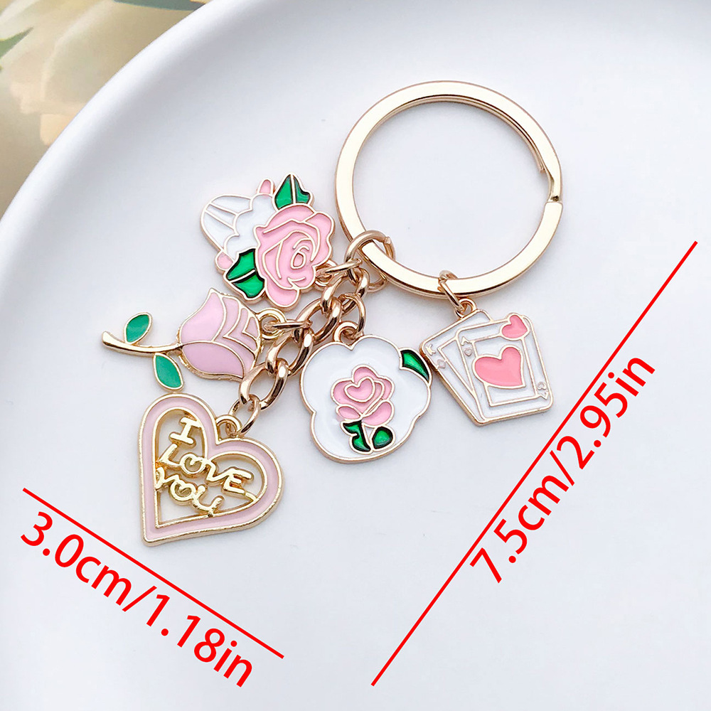 ER878-Dropping Oil Powder White Valentine s Day Love Rose Card Keychain -12.4g