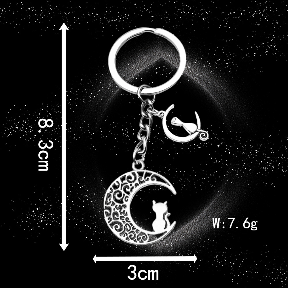 Ancient Silver Moon Cat Keychain-LS63-7.6g