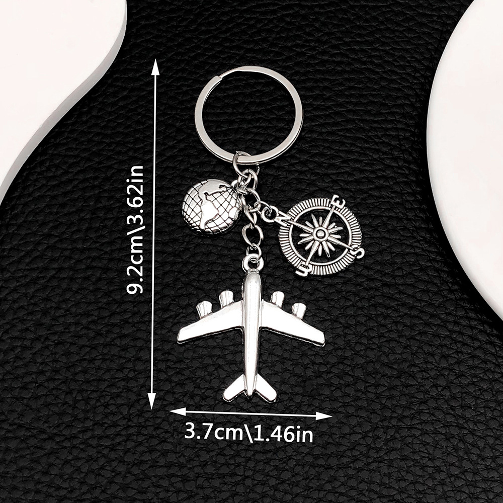 ER673-1 Ancient Silver Global Plane Compass Earth Keychain -12g