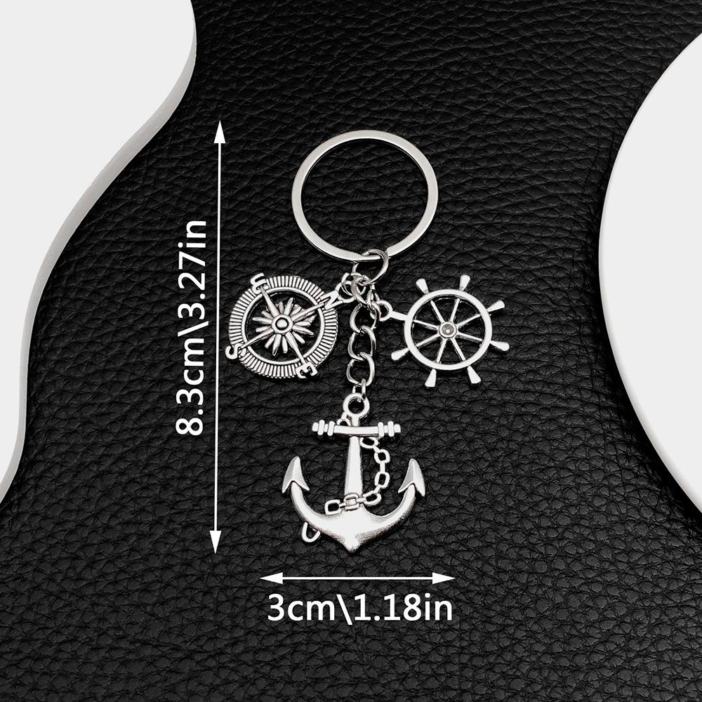 ER676-1 ancient silver navigation compass anchor rudder keychain -12.7g