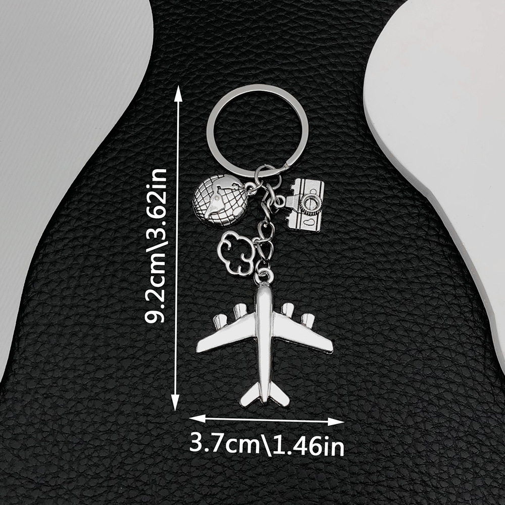 ER677-1 Ancient Silver Global Plane Earth Camera Cloud Keychain -11.5g