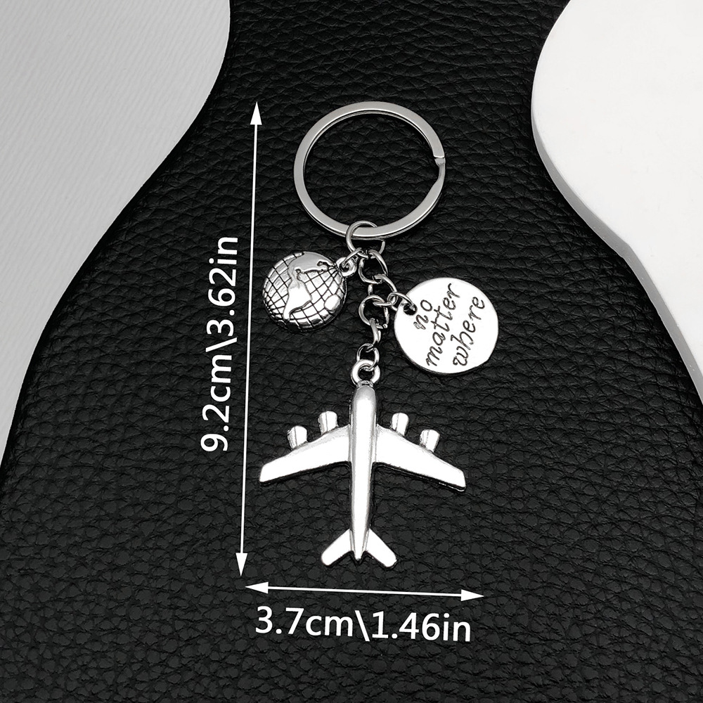 ER679-1 Ancient Silver Global Plane Earth nomatterwhere Letter Card Keychain -11.9g
