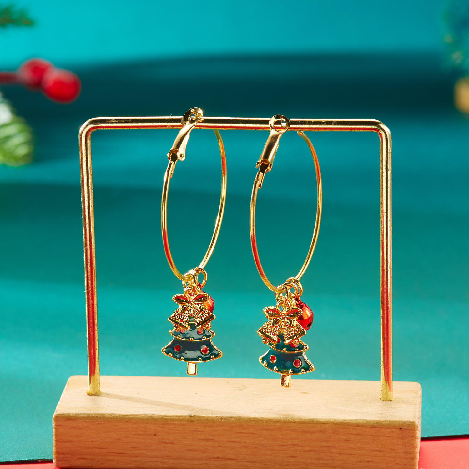 圣诞树铃铛耳圈耳环