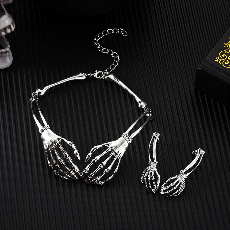 Silver ghost hand necklace and earring set