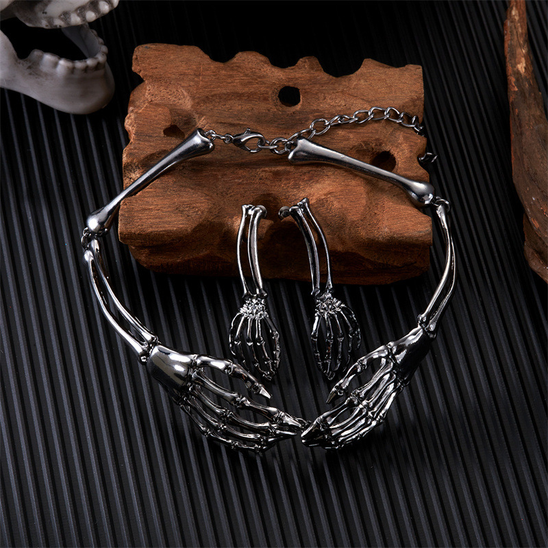 Black ghost hand necklace and earring set