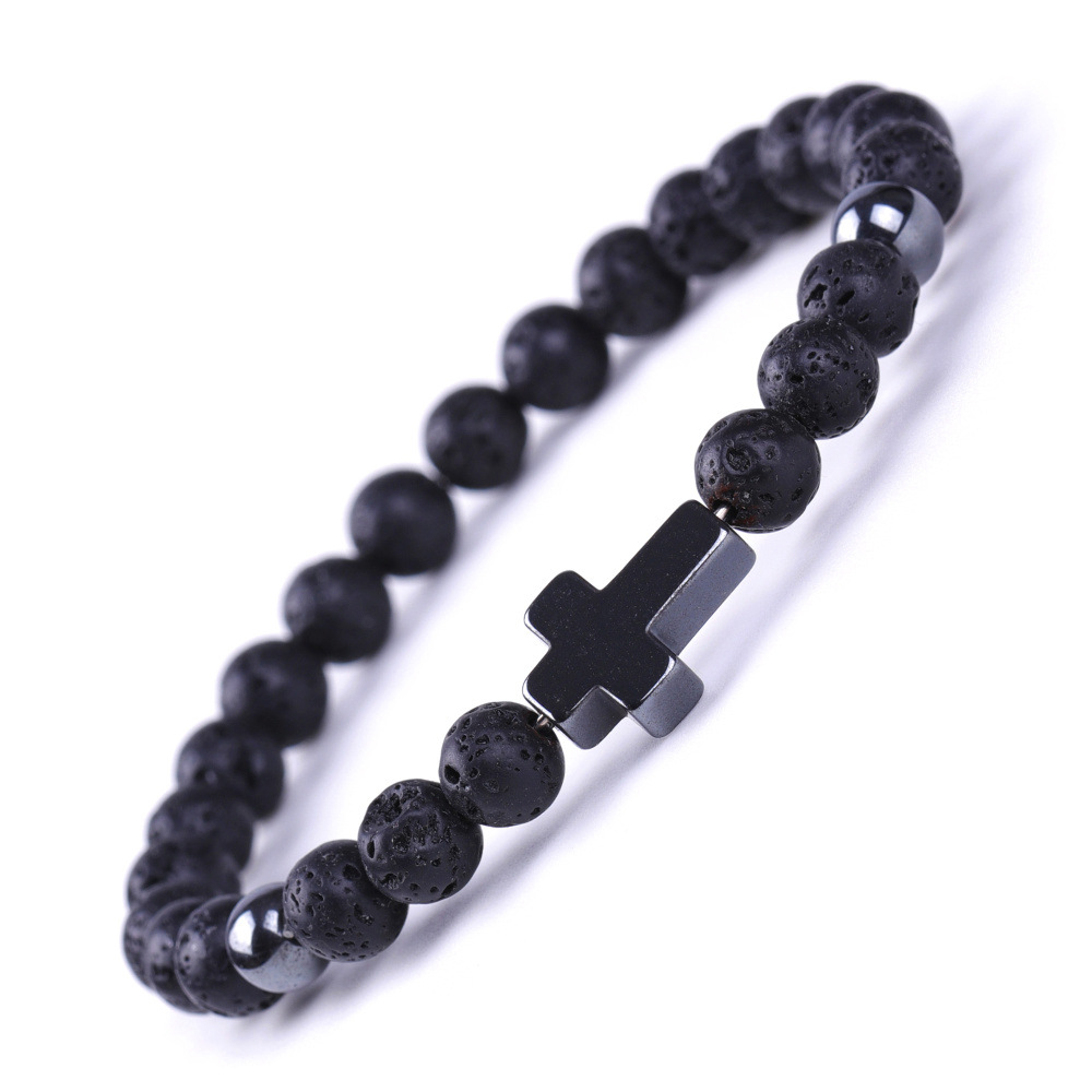 SY603A2501 6mm volcanic stone + black magnet long cross bracelet