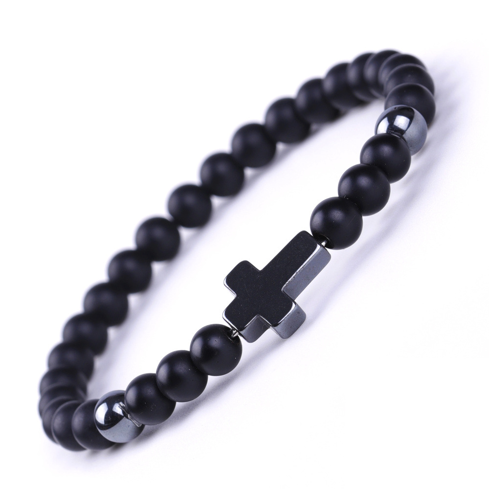 SY603A1602 6mm Frosted Black Stone + black magnet long cross bracelet