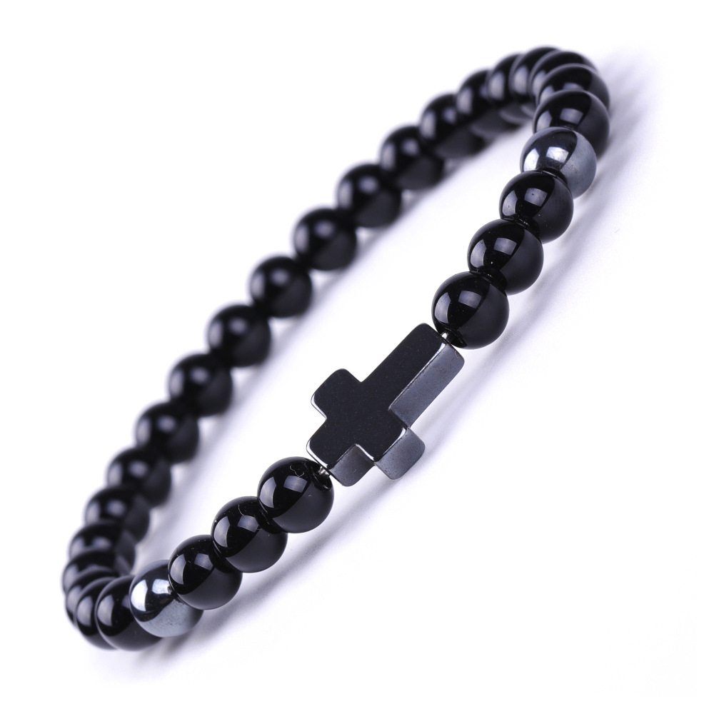 SY603A1503 6mm bright black stone + black magnet long cross bracelet