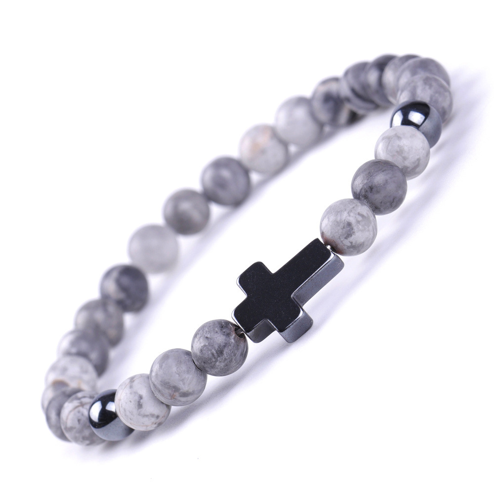 SY603A2905 6mm map stone + black magnet long cross bracelet