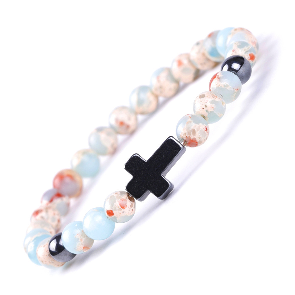 SY603A3806 6mm Shoushan stone + black magnet long cross bracelet