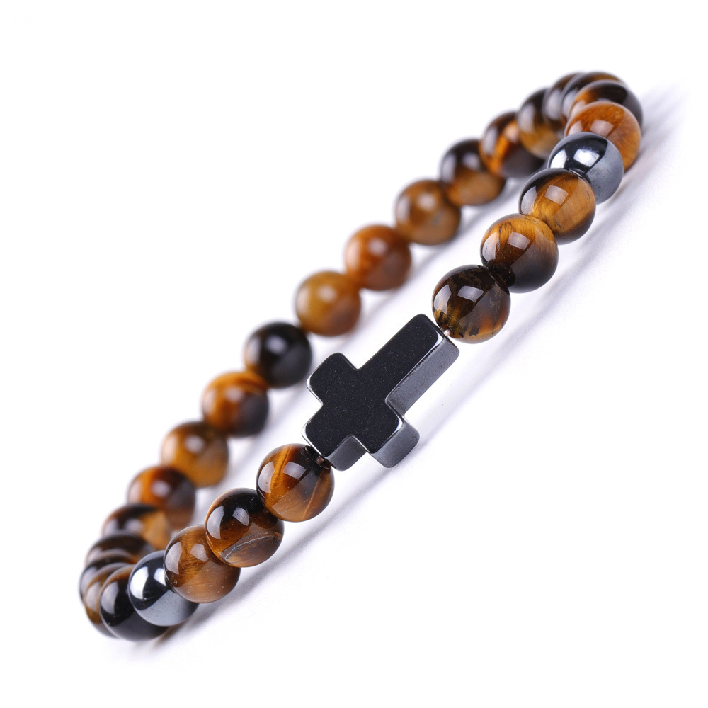 SY603A3808 6mm Tiger Eye Stone + black magnet long cross bracelet