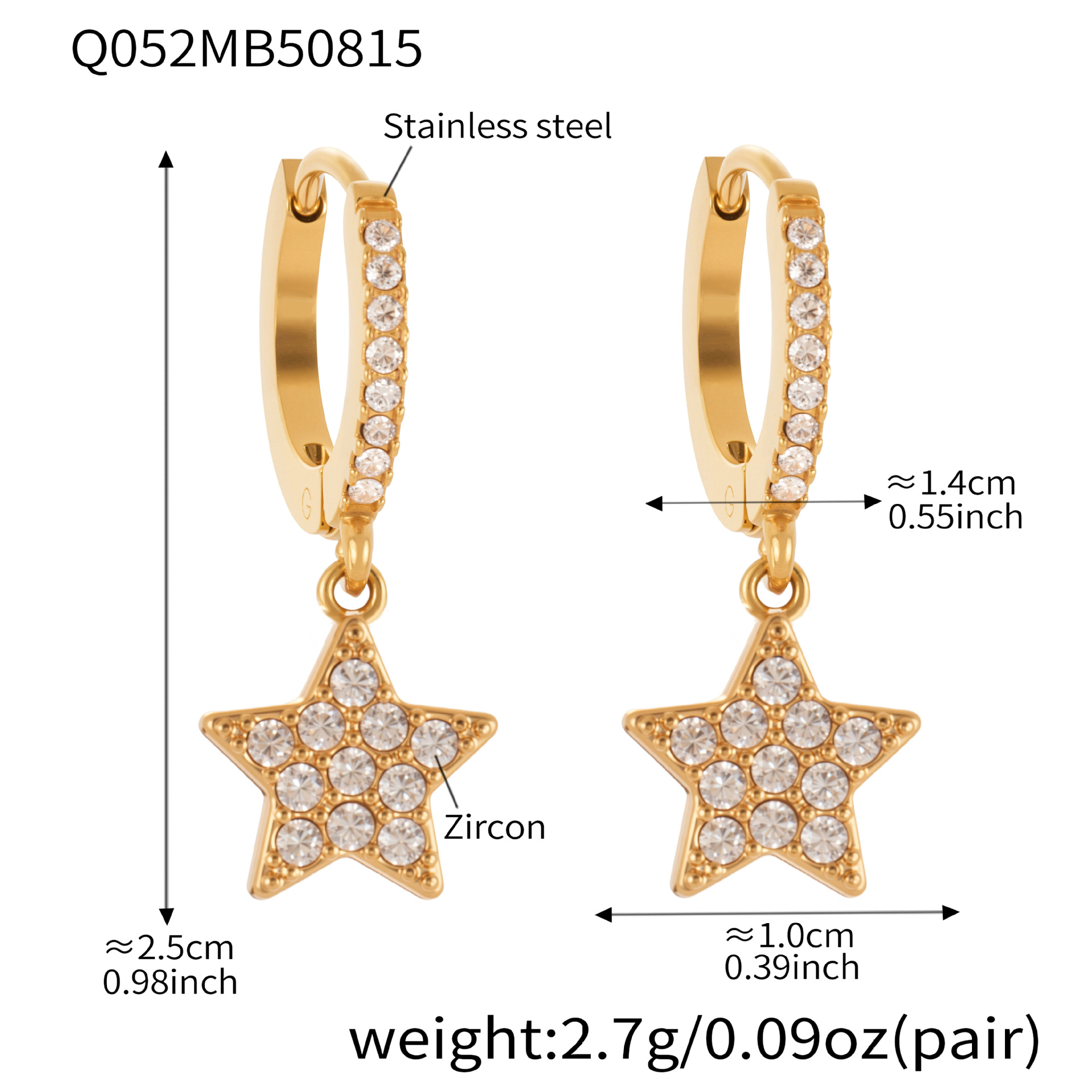 Q052- Golden five-pointed star Zircon Full Diamond earrings