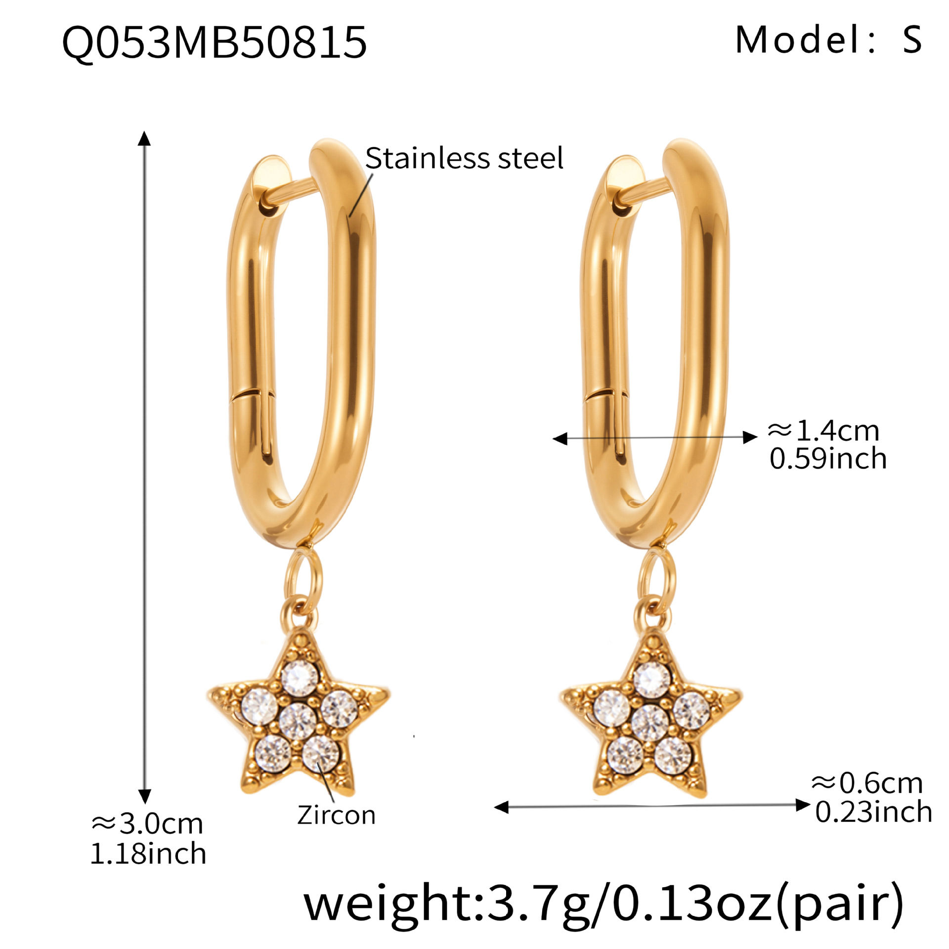 Q053- Golden Five-pointed Star Zircon U-shaped Earrings -S
