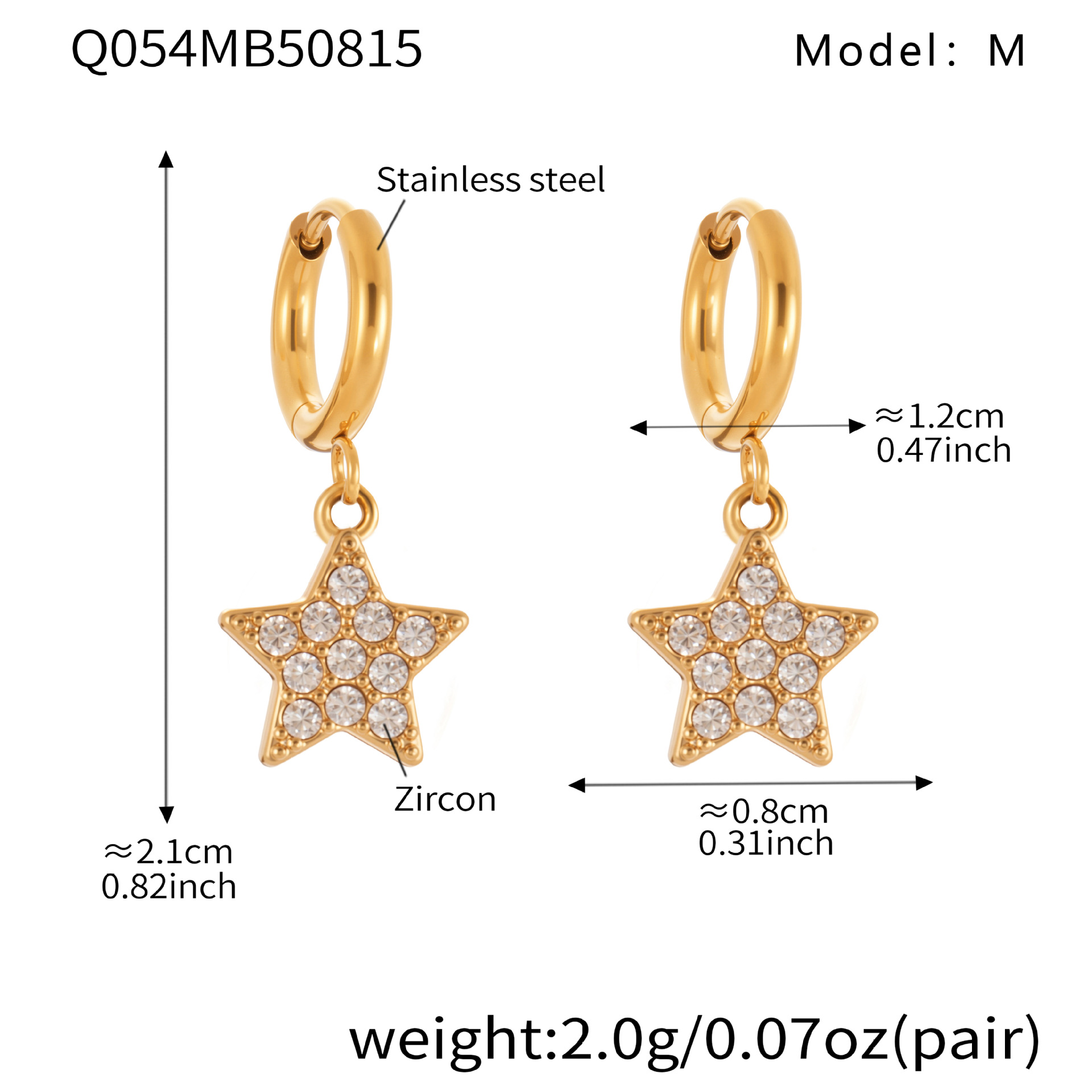 Q054- Golden Five-pointed Star Zircon Earrings -M