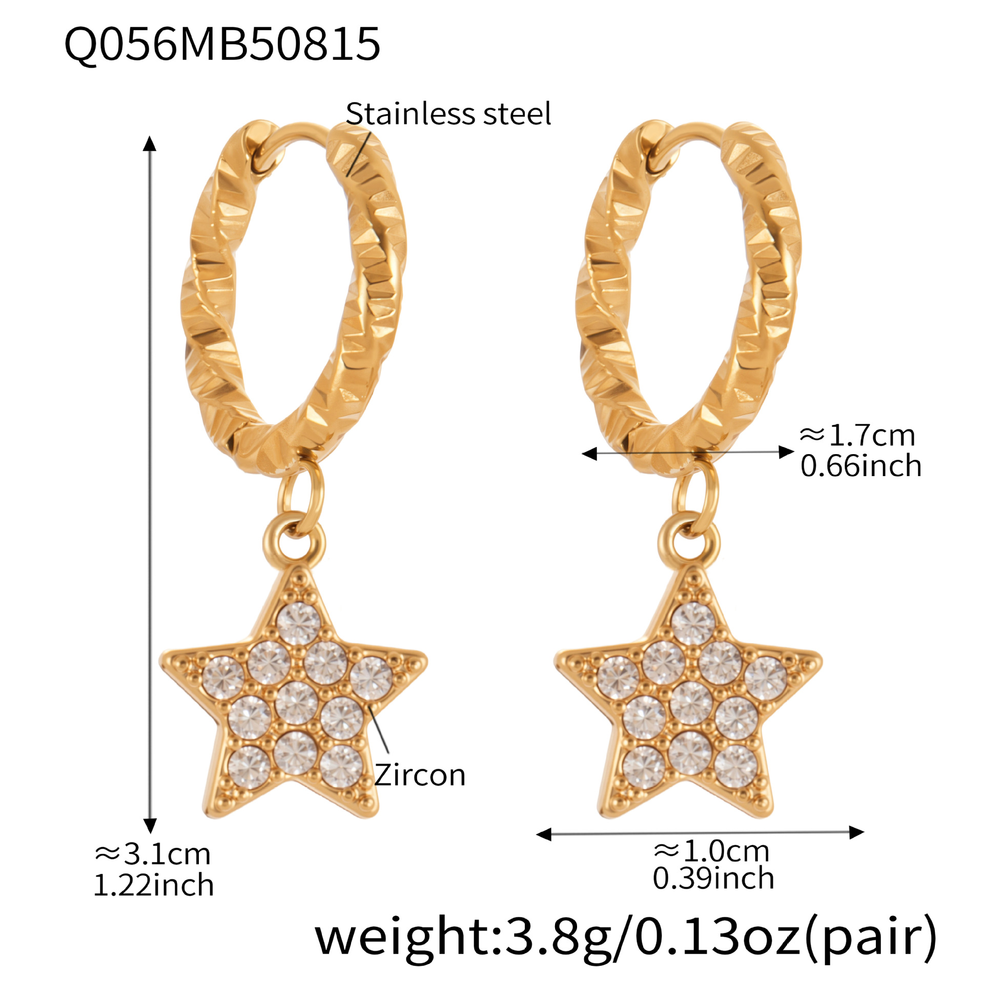 Q056- Golden Five-pointed Star Zircon earrings