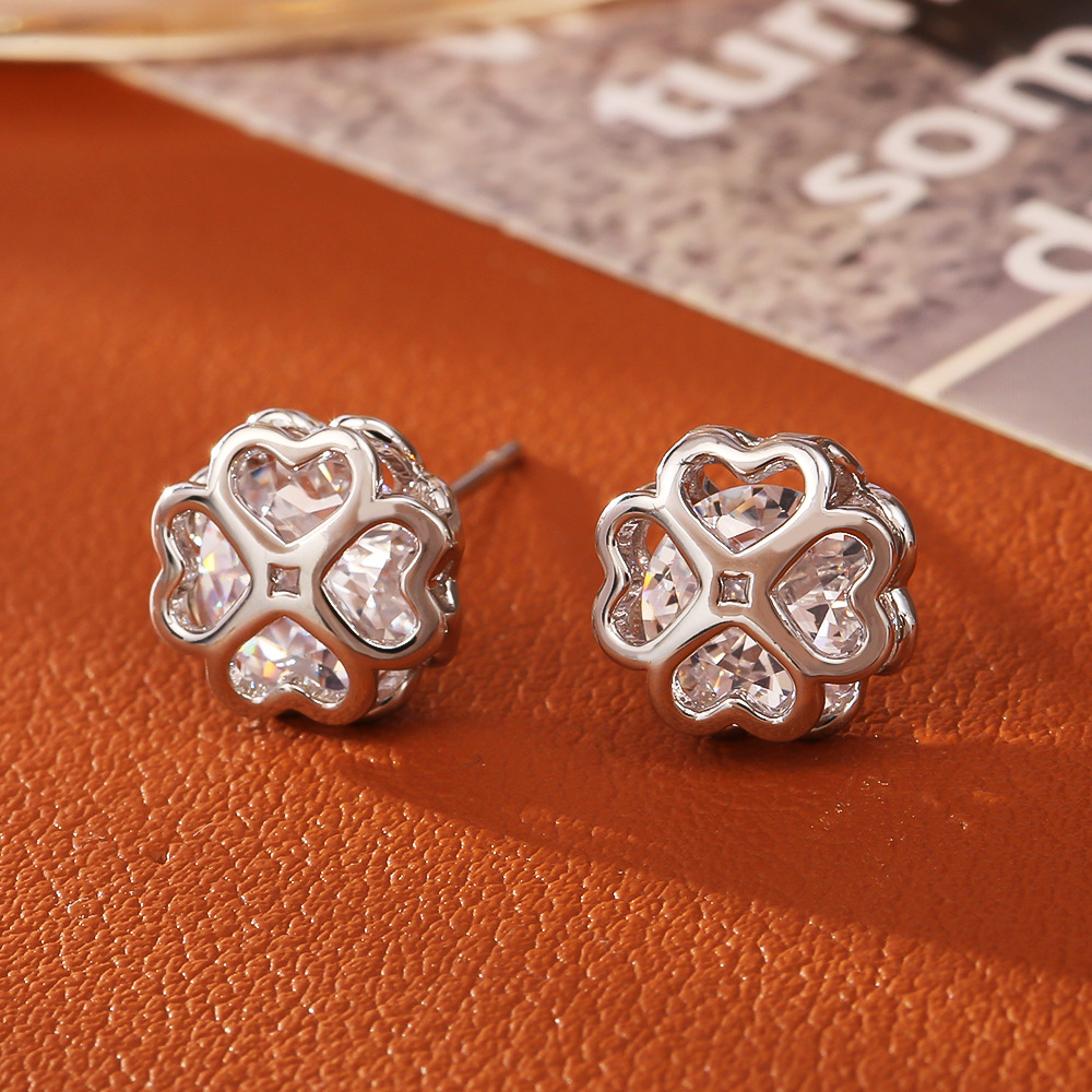 Silver white zircon four-leaf clover earrings