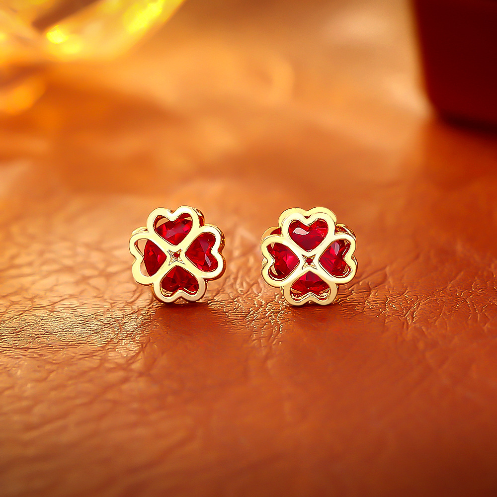 Golden red zircon four-leaf clover earrings